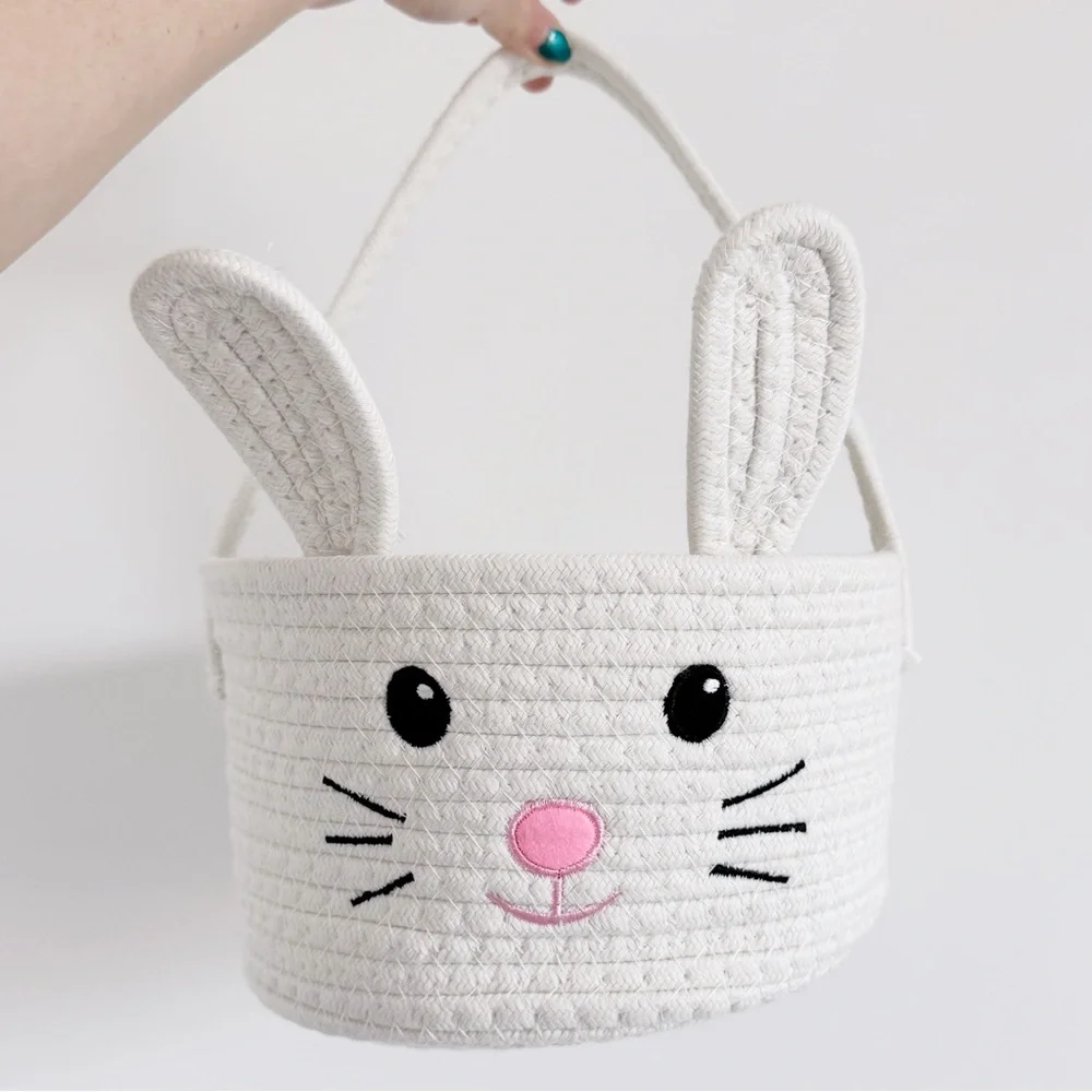 White Easter Bunny Rabbit Basket Coiled Rope Spring.Cute Animal Nursery Children